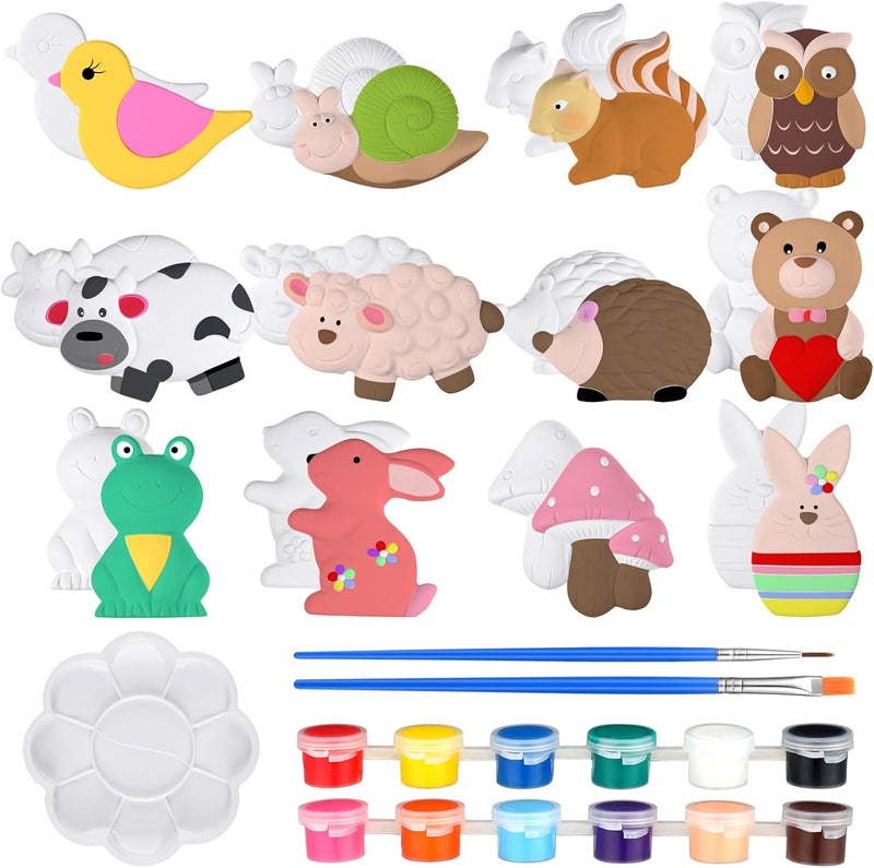 Sinmoe 12 Sets Arts and Crafts Set Painting Kit Unpainted DIY Ceramic Figurines Paint Your Own Figurines with 12 Magnet 2 Brushes and 1 Palette Ceramic Painting Kit for Adults (Animal) - Image 1